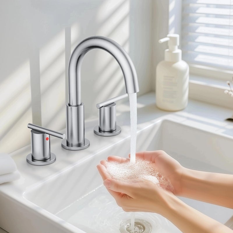 Hurran Bathroom Faucets for 3 Hole Sinks, 8 Inch Brushed Nickel Double Handle Bathroom Sink Faucet with 360° Rotating Spout & Pop-Up Drain, Widespread Faucet Suitable for Vanity, RV & Outdoor Sinks - Image 2